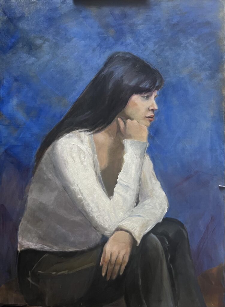 Oil painting by Janet Hillel - contemplative girl in white sweater