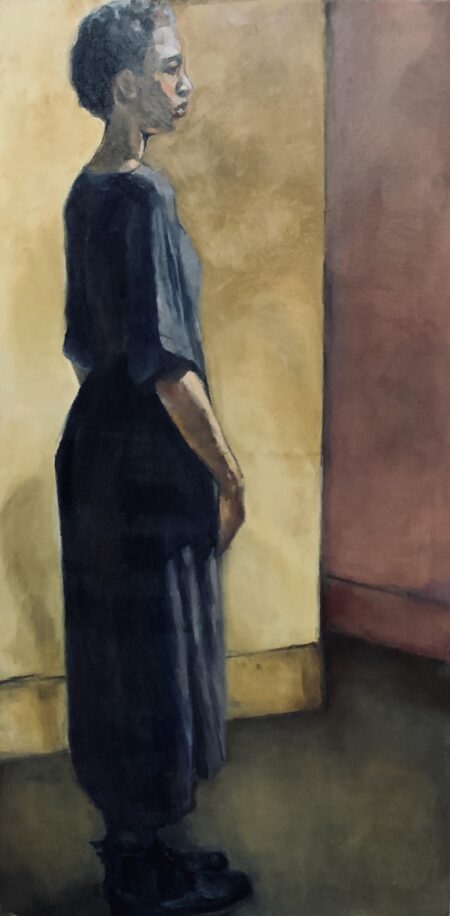 Oil painting by Janet Hillel - girl against yellow wall