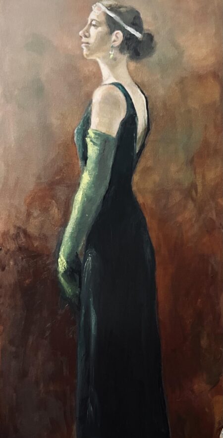 Oil painting by Janet Hillel - girl in green velvet