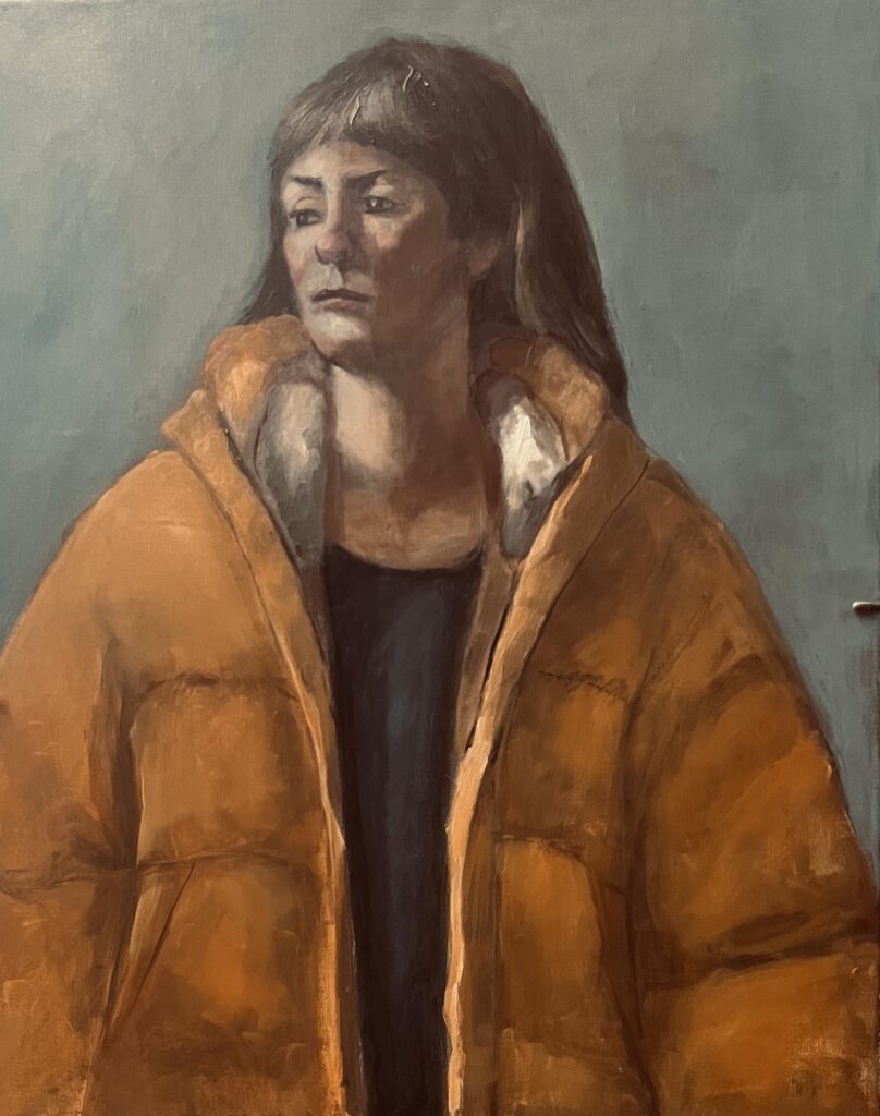 Oil painting by Janet Hillel - girl in yellow coat