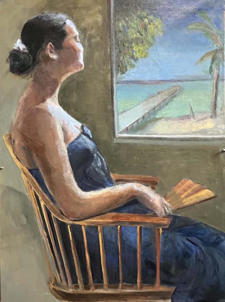 Oil painting by Janet Hillel - girl looking out window