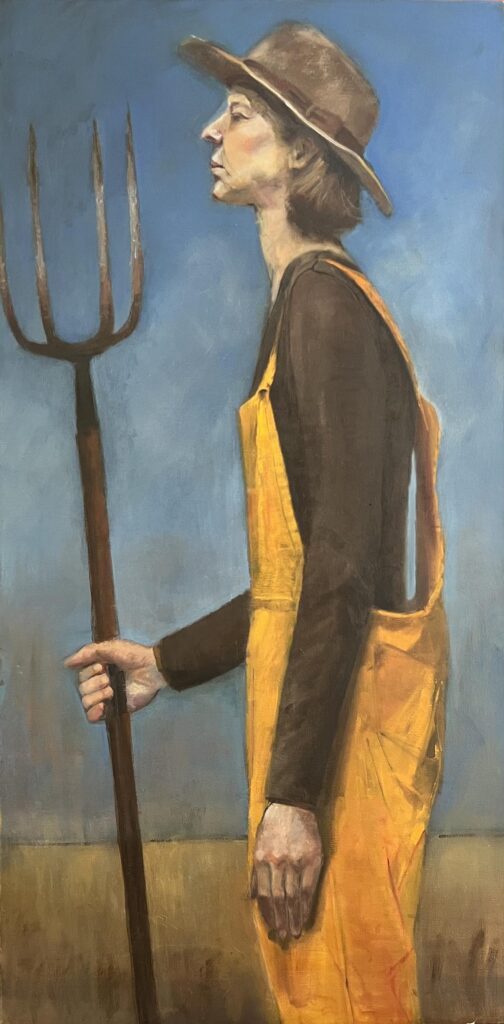 Oil painting by Janet Hillel - girl with pitchfork