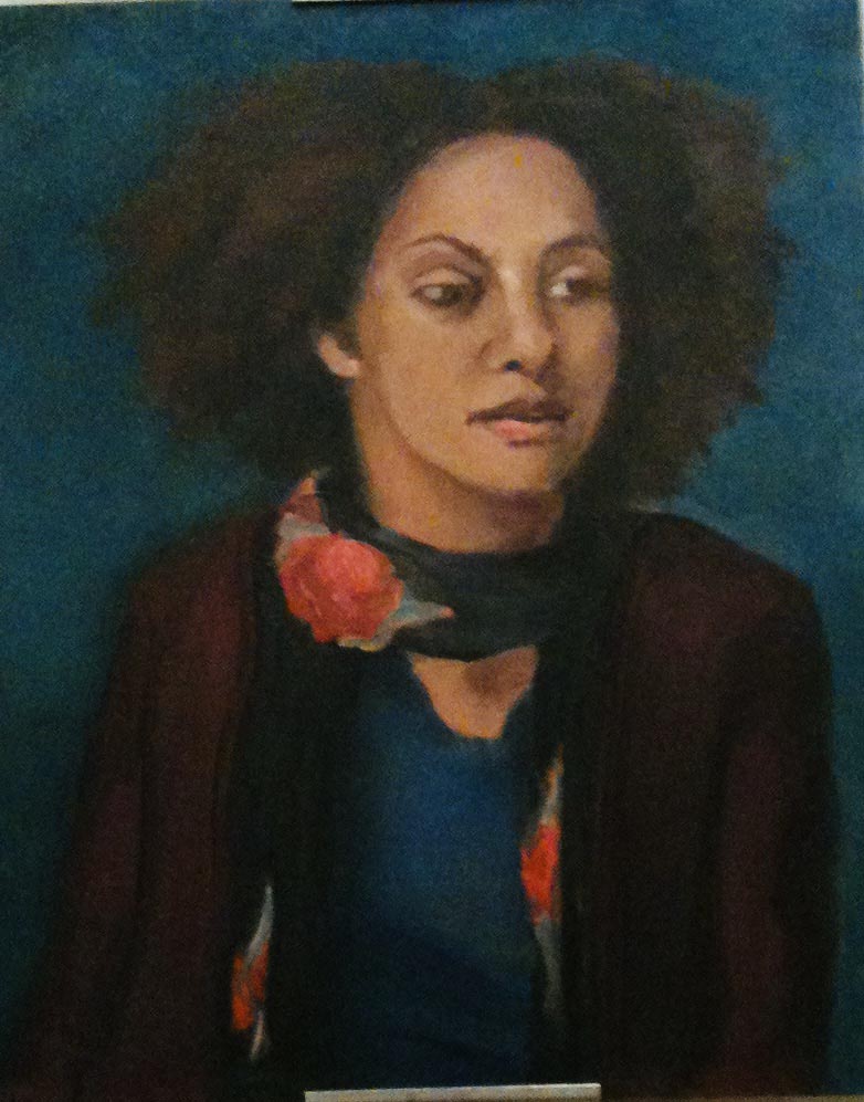 Oil painting by Janet Hillel - Woman with rose scarf