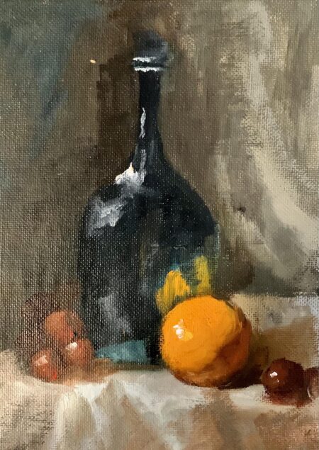 Oil painting by Janet Hillel - Still life with bottle and orange