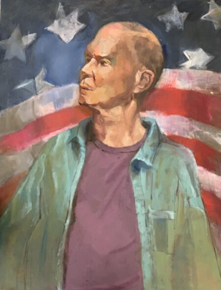 Oil painting by Janet Hillel - Man in green shirt/flag background