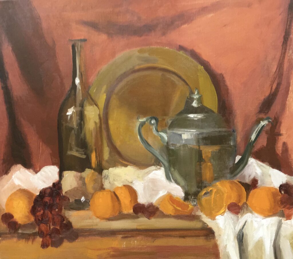 Oil painting by Janet Hillel - Still life with bottle and teapot