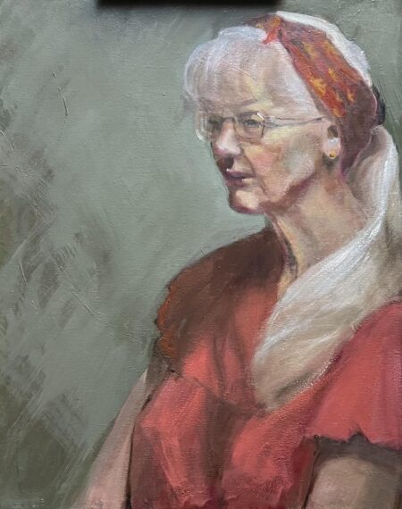 Oil painting by Janet Hillel - Woman with red head scarf