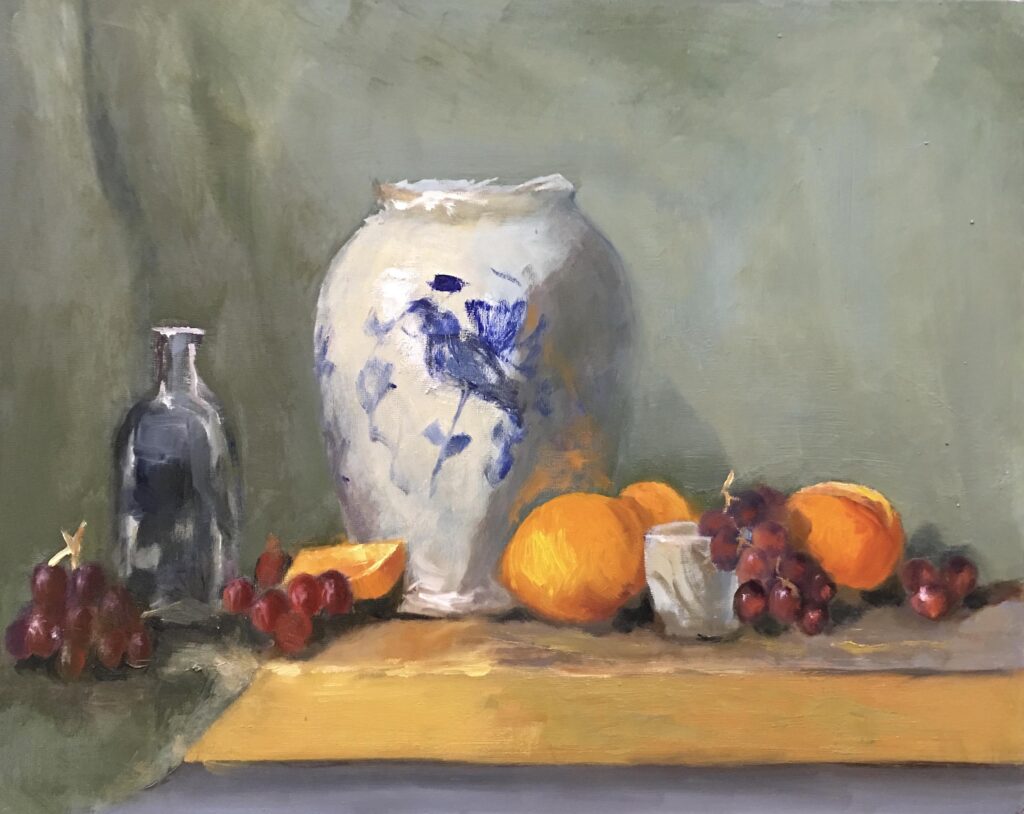 Oil painting by Janet Hillel - Still life with vase and fruit