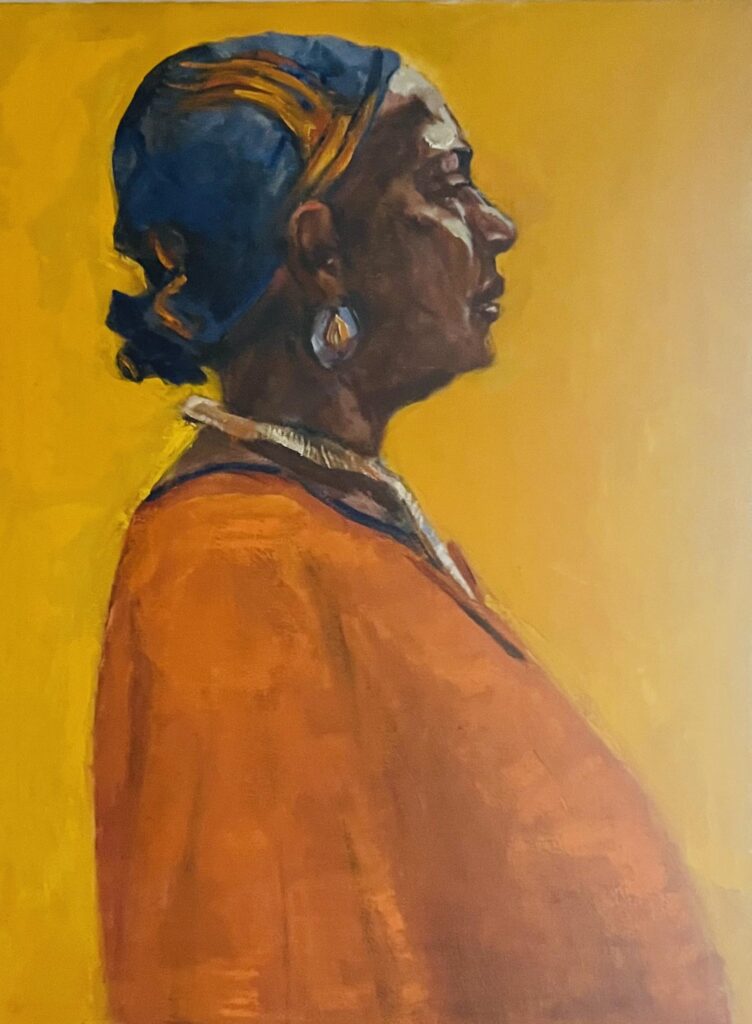 Oil painting by Janet Hillel - Woman in orange/blue