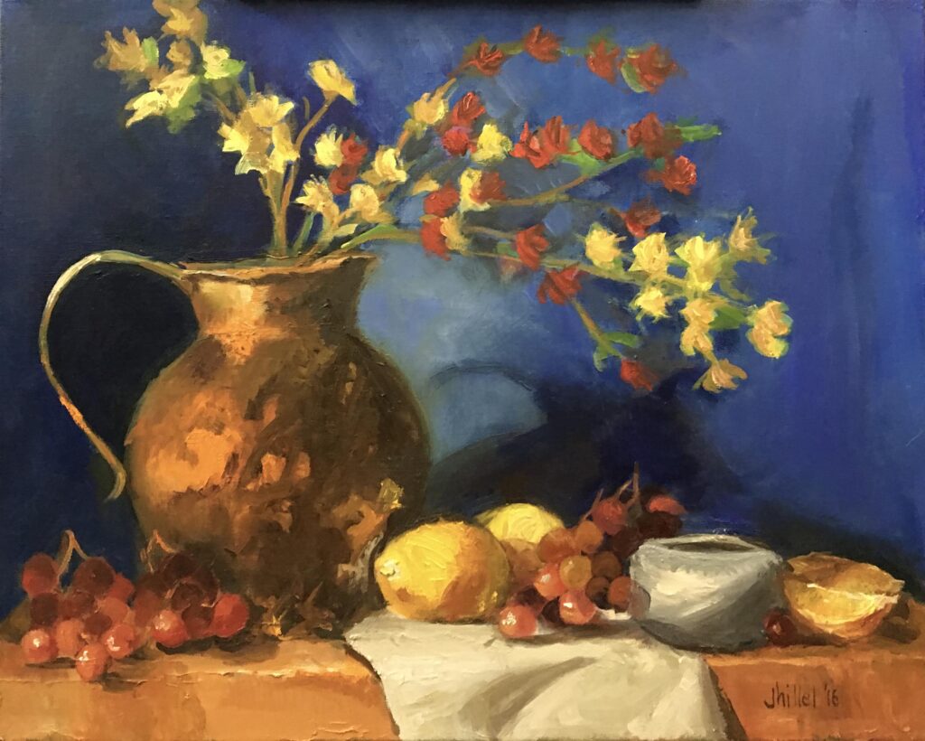 Oil painting by Janet Hillel - Still life with pitcher, flowers and fruit