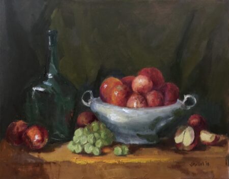 Oil painting by Janet Hillel - Still life with bottle and bowl of fruit