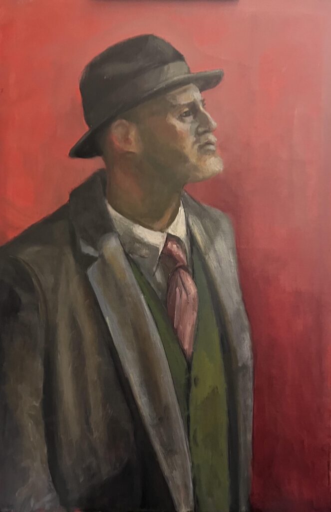 Oil painting by Janet Hillel - man in gray coat