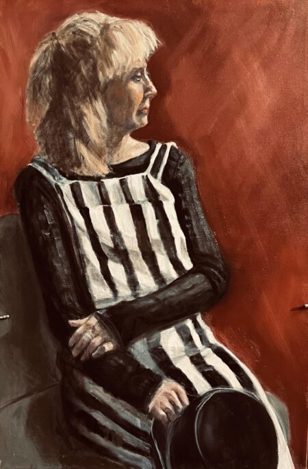 Figure painting by Janet Hillel - Monica in Stripe Overalls