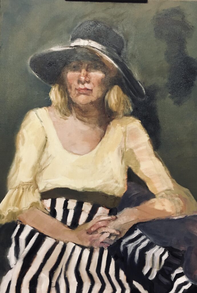 Oil painting by Janet Hillel - Monica in Stripes