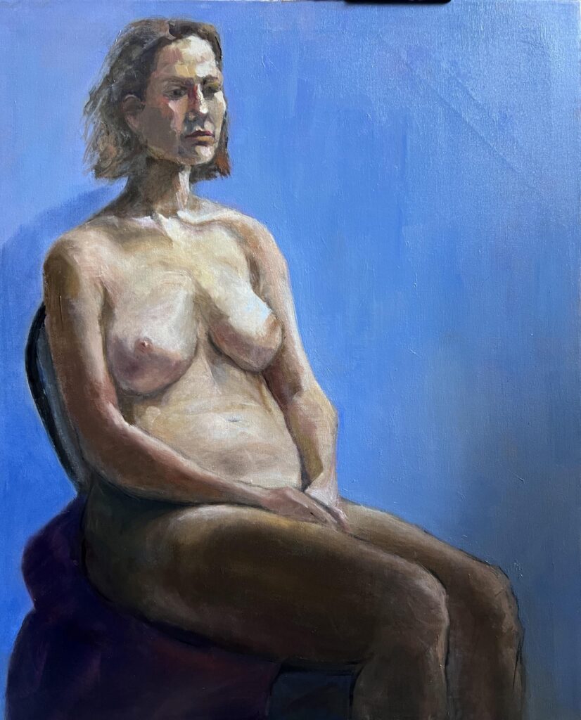 Oil painting by Janet Hillel - nude in blue background